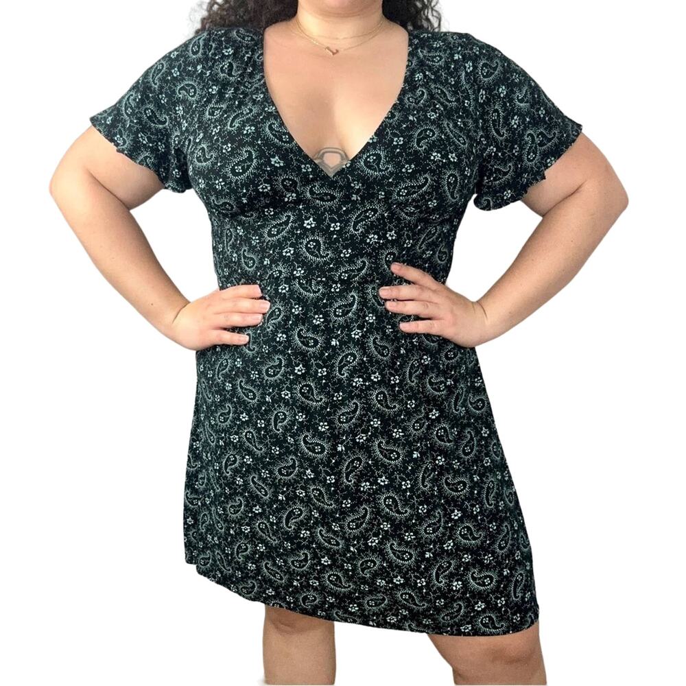 BP Paisley Open Back A Line Mini Dress Black Green Floral Sz 1X NWT